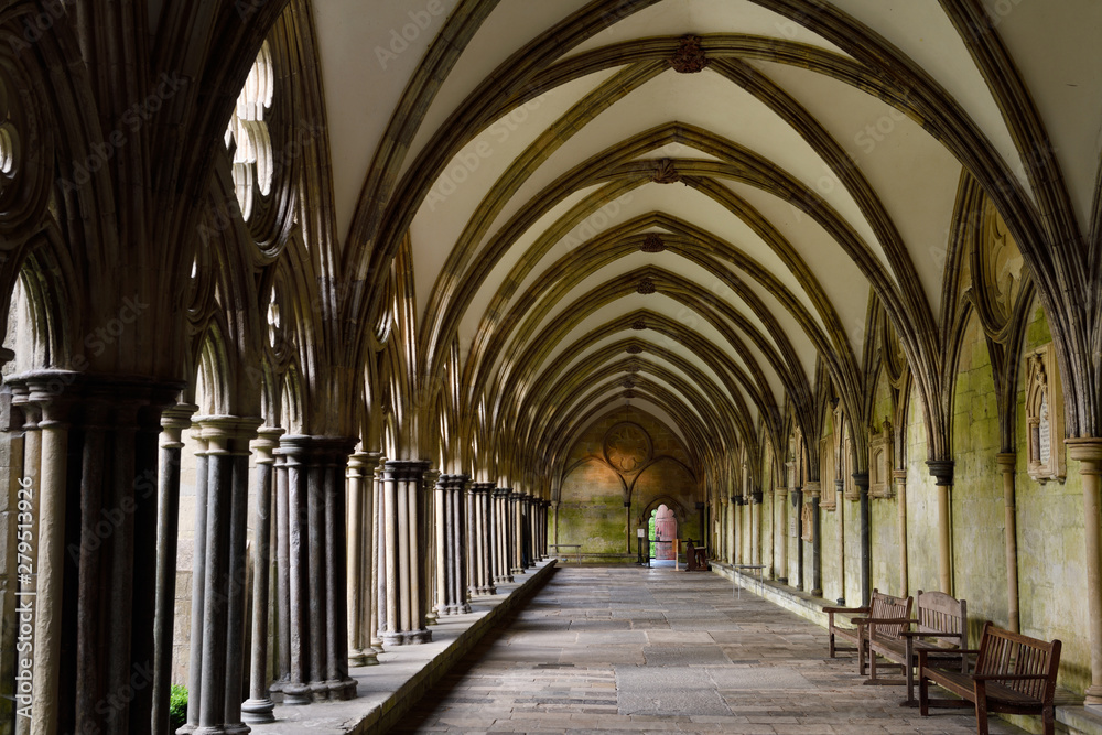 Arches of Cloister walk south side interior at Salisbury Cathedral Salisbury England