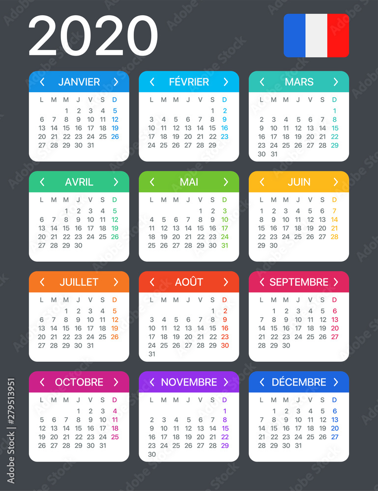 2020 Calendar - vector template graphic illustration - French version 2020 Calendar - vector template graphic illustration - French version