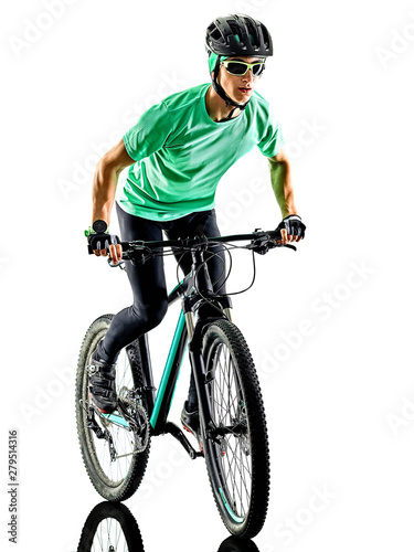 Fototapeta Naklejka Na Ścianę i Meble -  one caucasian man practicing man mountain bike bking isolated on white background with shadows