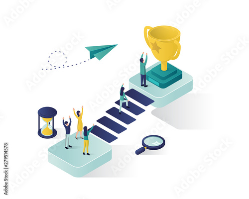reaching the success vector isometric illustration. people stand on their success and be a winner, second and third place. best score winner prize, success team with the cup