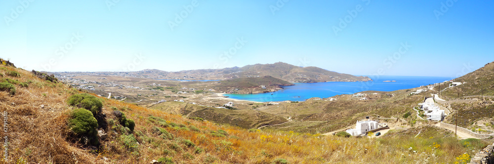 panoramic view of the bay and beach of Ftelia, in the south of Mykonos, cyclades island in the heart of the Aegean Sea