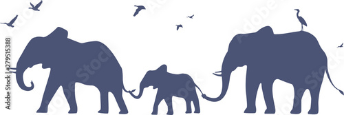 Family of elephants for a walk. Vector on white background.