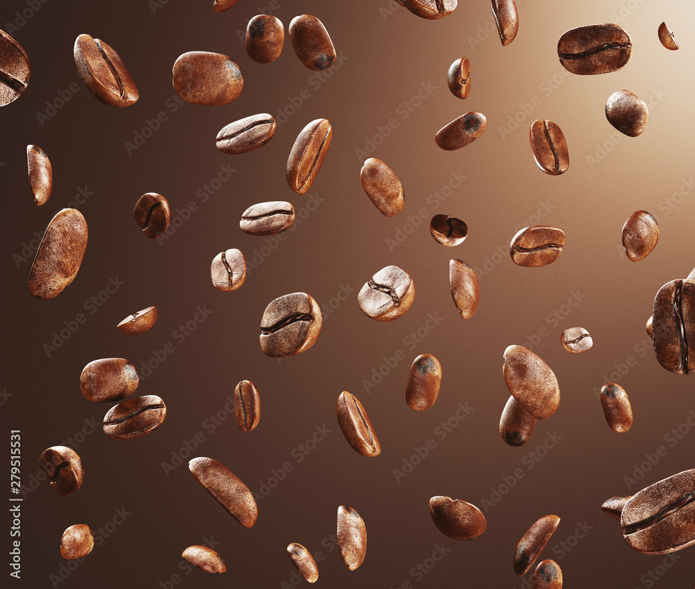 Black fried coffee beans falling down, 3d rendering Black fried coffee beans falling down, 3d rendering