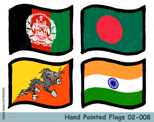 手描きの旗アイコン,アフガニスタンの国旗,バングラデシュの国旗,ブータンの国旗,インドの国旗  Flag of the Afghanistan, Bangladesh, Bhutan, India, hand drawn isolated vector icon.