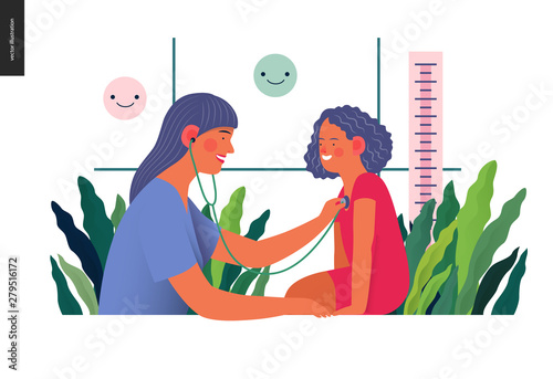 Pediatrics - medical insurance -modern flat vector concept digital illustration - female pediatrician carrying out the auscultation of a little girl with a stethoscope, medical office or laboratory