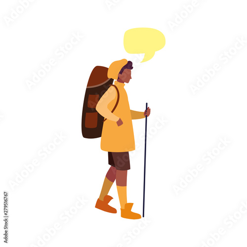 young man with backpack travel talk bubble