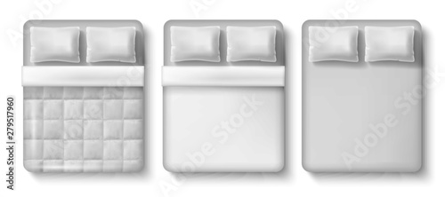Vector white blank bedding set. Bed, pillow, linen and folded and unfolded blanket, duvet cover realistic templates.
