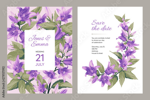 Wedding invitation card. Frame with text and flowers - purple Campanula on light and white Background.