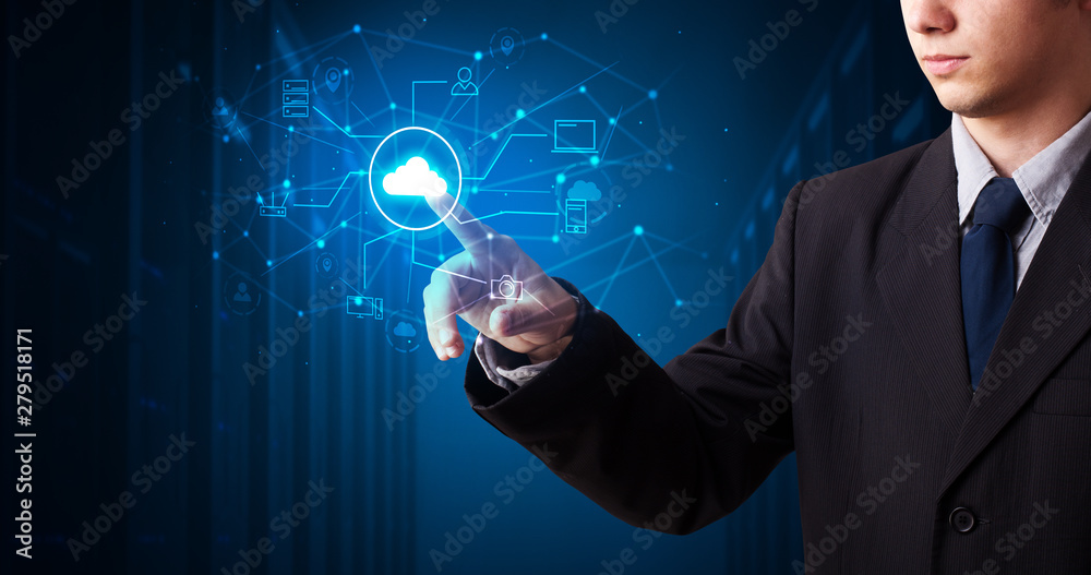Man touching hologram projection displaying cloud system Man touching hologram projection displaying cloud system