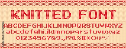 Knitted font. Christmas ugly sweater, knit letters and folk sweaters xmas text template vector illustration set photo