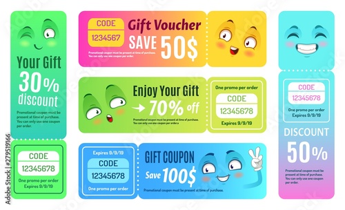 Smiling promo voucher. Happy gift coupon, funny deal vouchers and gifts code coupons template vector set