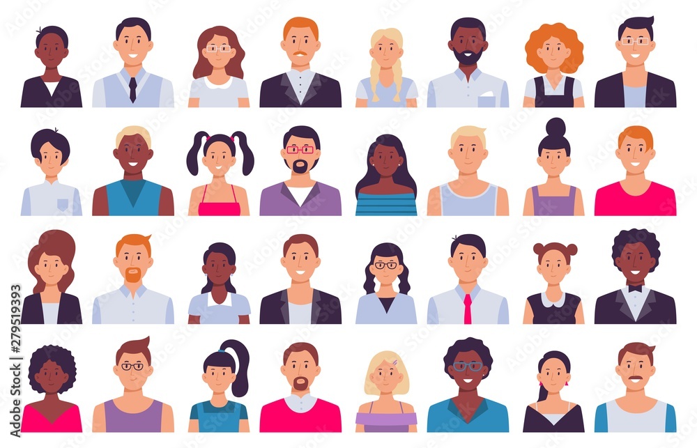 Adult people avatars. Man in business suit, corporate woman avatar and professional person icon flat vector illustration set Adult people avatars. Man in business suit, corporate woman avatar and professional person icon flat vector illustration set