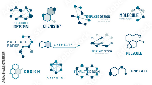 Hexagonal molecule badge. Molecular structure logo, molecular grids and chemistry hexagon molecules templates vector set photo