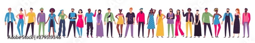 Multicultural people group. Adult citizens, workers team standing together and multiethnic society vector illustration