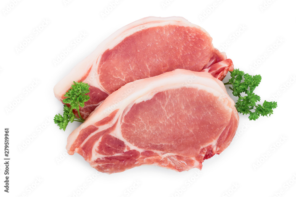 sliced raw pork meat with parsley isolated on white background. Top view. Flat lay