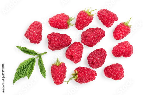 raspberries with leaves isolated on white background. Top view. Flat lay