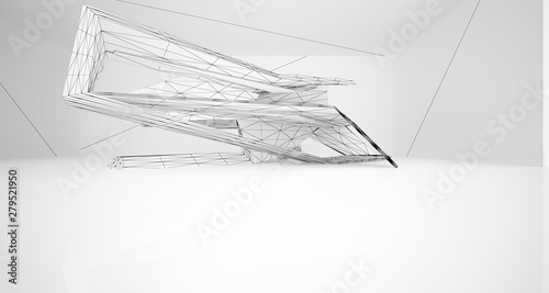 Drawing abstract architectural white interior of a minimalist house with large windows. 3D illustration and rendering.