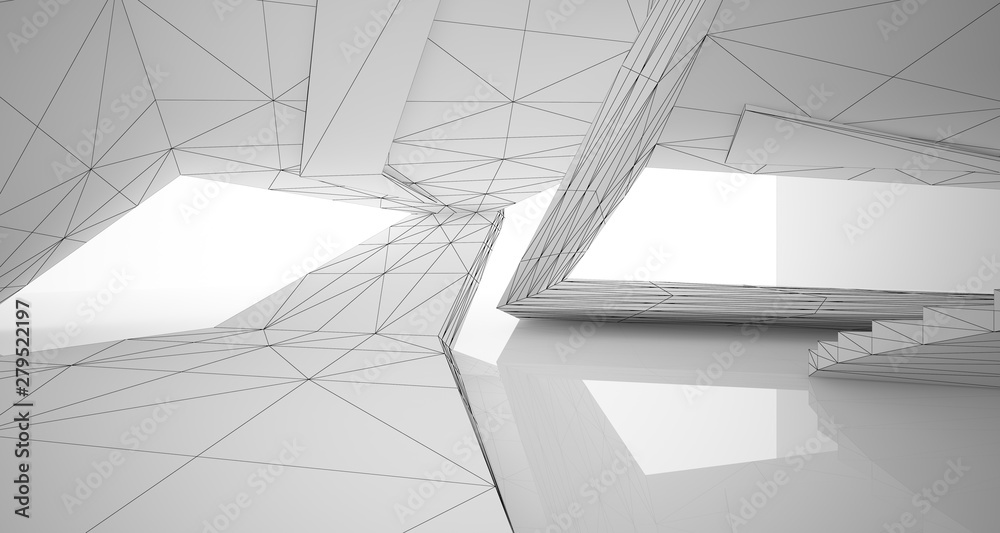 Obraz premium Drawing abstract architectural white interior of a minimalist house with large windows. 3D illustration and rendering.