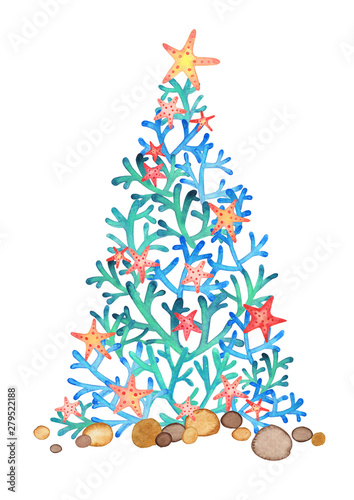 Coral Christmas tree with starfish watercolor hand painting on white background for decoration on summer holiday.