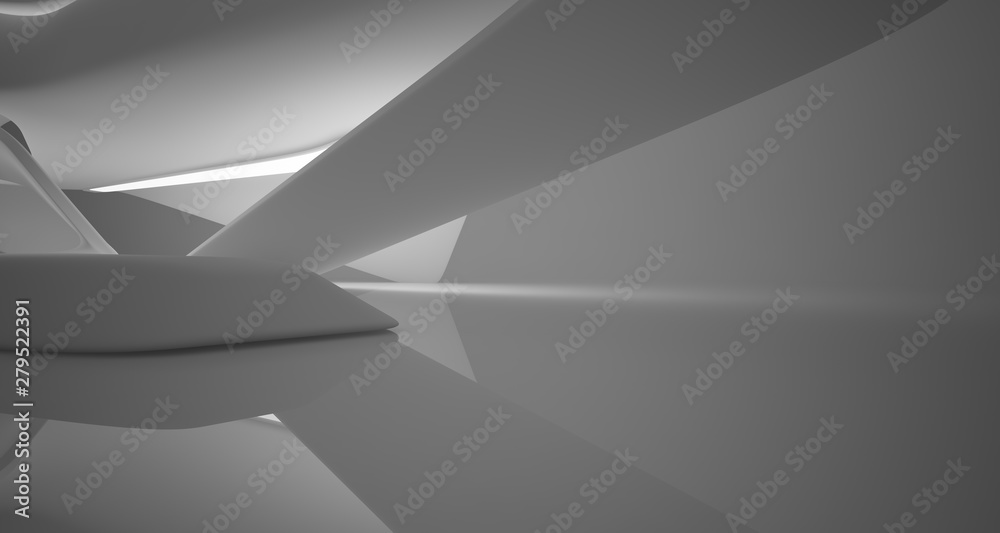 Abstract white minimalistic architectural smooth interior with neon lighting. 3D illustration and rendering.