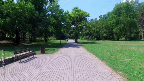 First person view or perspective walking down the foot path in the park with green trees grass and bushes on sunny summer day