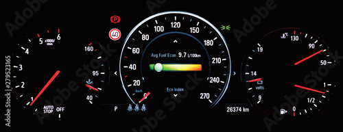 Illustration of illuminated car instrument panel with speedometer, tachometer, odometer, car temperature gauge and car voltmeter gauge. Average fuel economy consumption display on car dashboard panel.