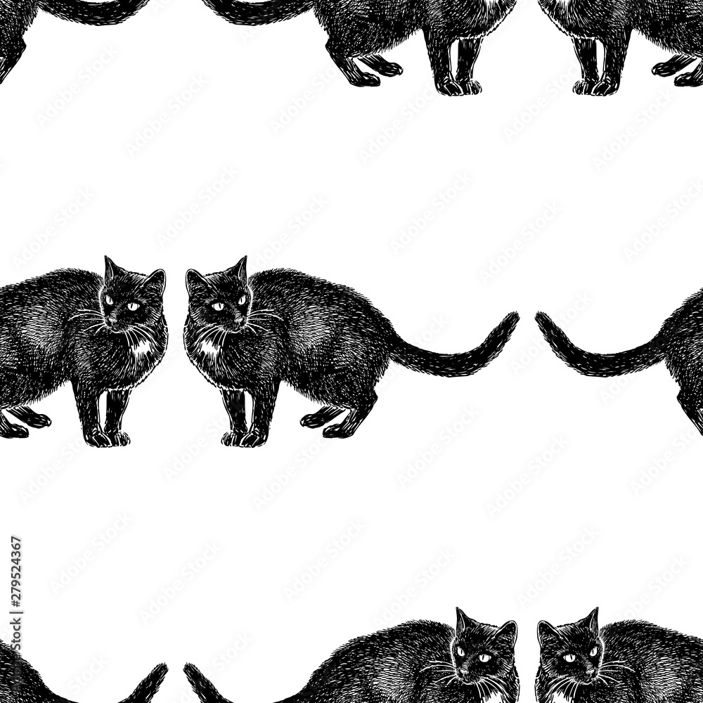 Seamless background of sketches of black cats
