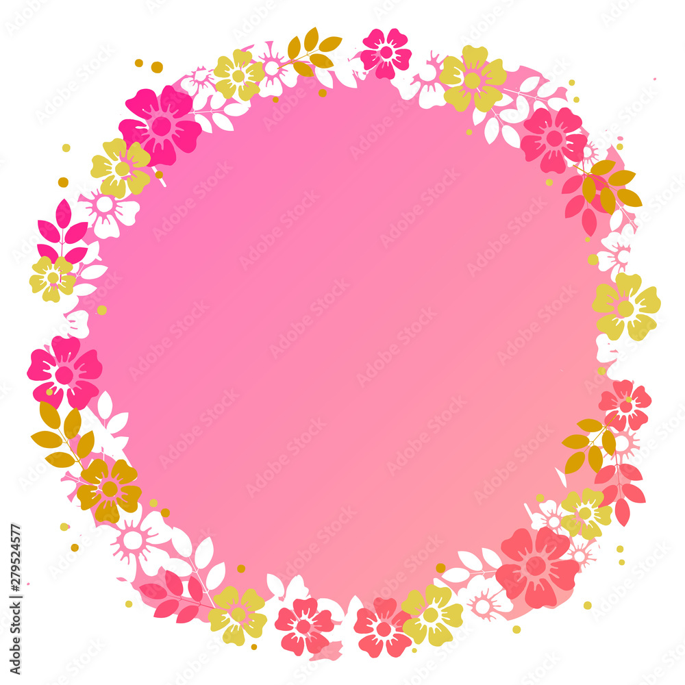 Decorative frame of white, colden, pink flowers and leaves in form of wreath on pink white
