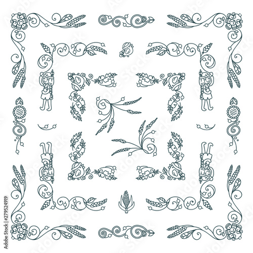 Vector set of elements for design. Square corners and frames. Flowers, ear of wheat, leaves elements. Vintage, hand drawing doodle style