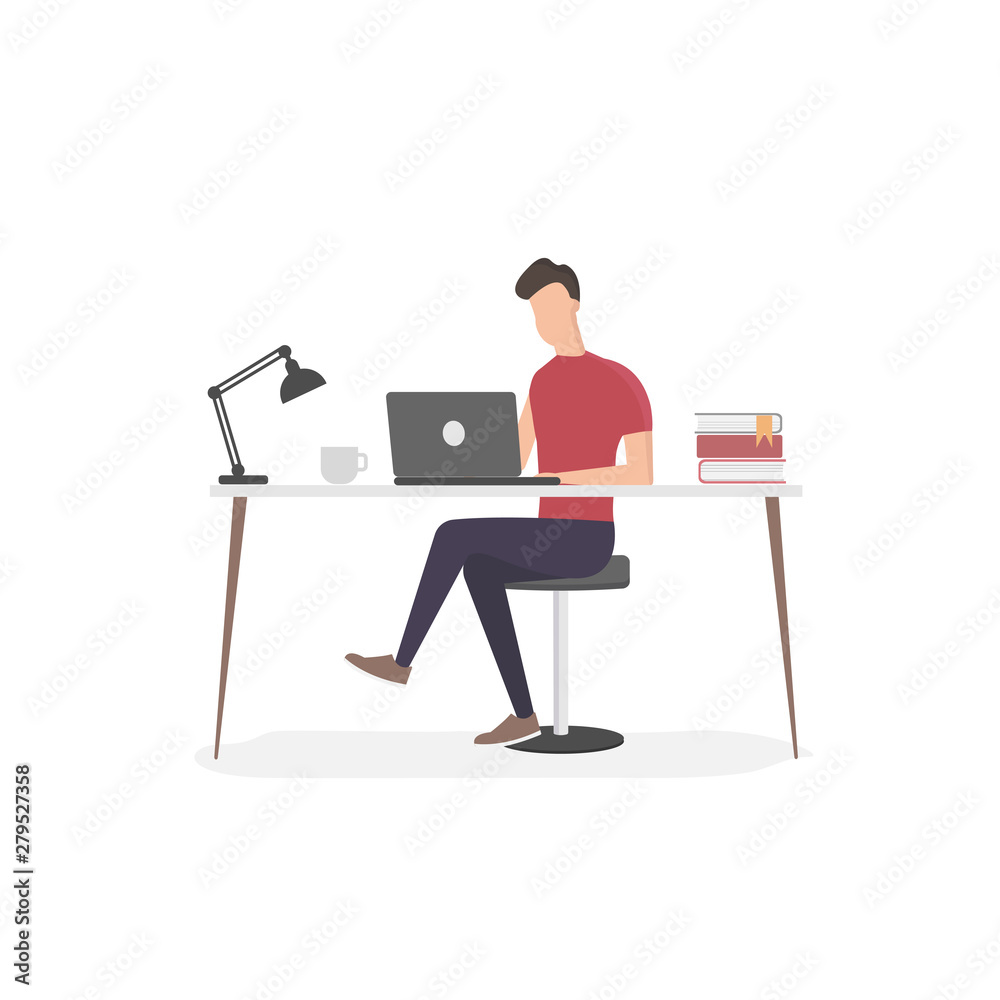 young man with laptop working in office. flat vector illustration 2