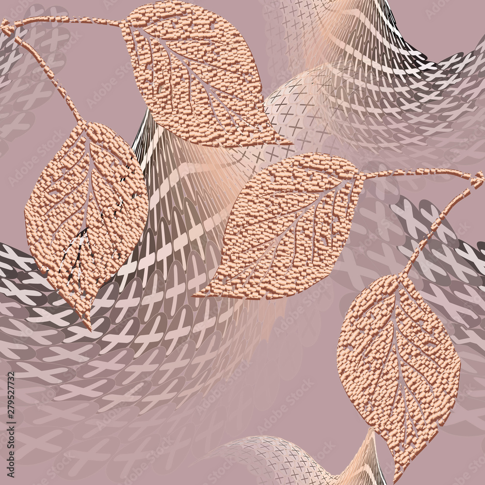 Rose gold. Floral leafy 3d seamless pattern. Grunge texture. Ornamental