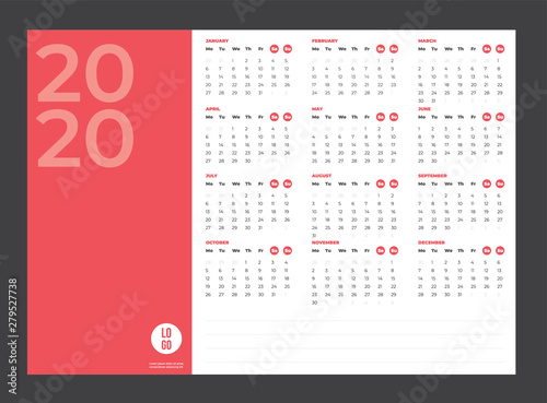 2020 Calendar - illustration. Template. Mock up