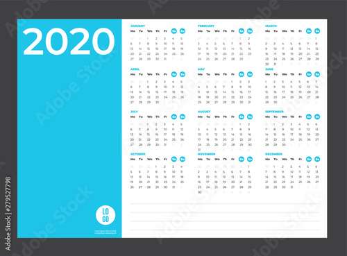 2020 Calendar - illustration. Template. Mock up