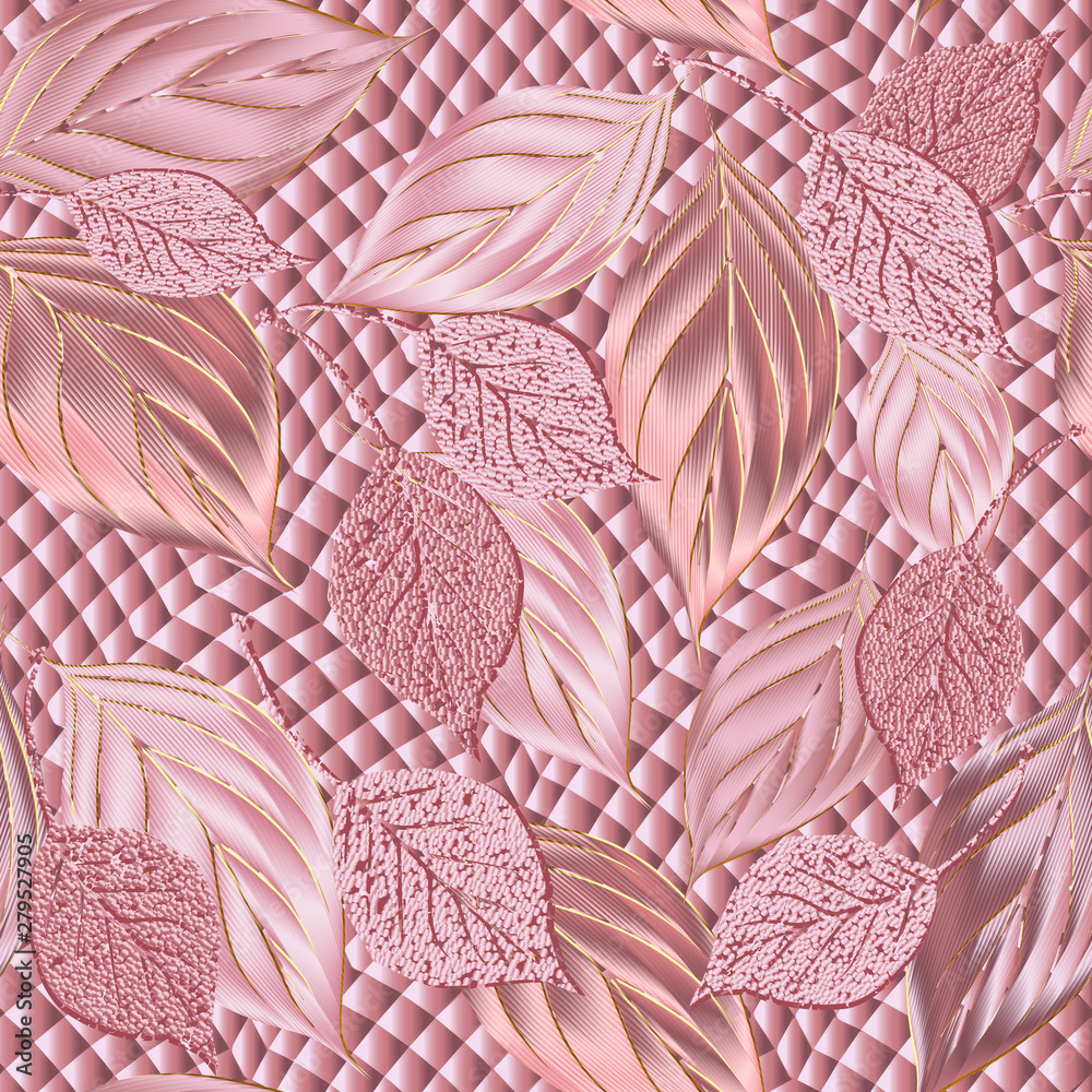 Leafy 3d vector seamless pattern. Textured surface geometric background. Rose gold ornamental repeat design. 3d flying leaves ornament. Modern design. 3d Wallpaper. Grunge texture. Silk wall paper Stock Vector | Adobe Stock Leafy 3d vector seamless pattern. Textured surface geometric background. Rose gold ornamental repeat design. 3d flying leaves ornament. Modern design. 3d Wallpaper. Grunge texture. Silk wall paper Stock Vector | Adobe Stock