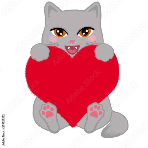 Cute kitten holding a heart. Confession in feelings. Congratulation on the holiday