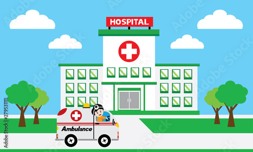 Fototapeta Naklejka Na Ścianę i Meble -  Medical concept with hospital buildings and ambulances in a smooth style