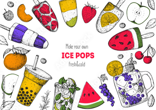 Popsicle ice cream, hand drawn vector illustration. Ice tea and ice cream. Summer food and drink. Sketch illustration for menu design. Ice pops collection.