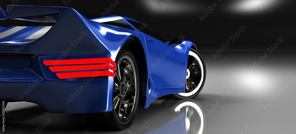 Naklejka premium Modern blue sports car ,3d ,render.