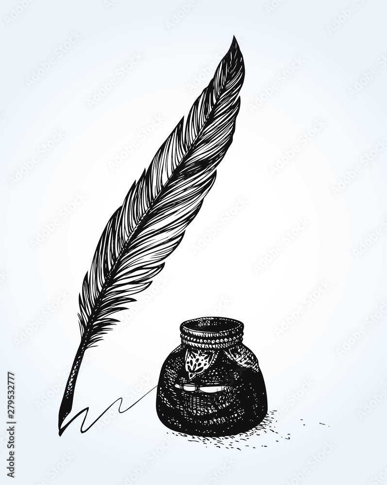Vector freehand drawing of ancient pen and inkwell - obrazy, fototapety, plakaty 