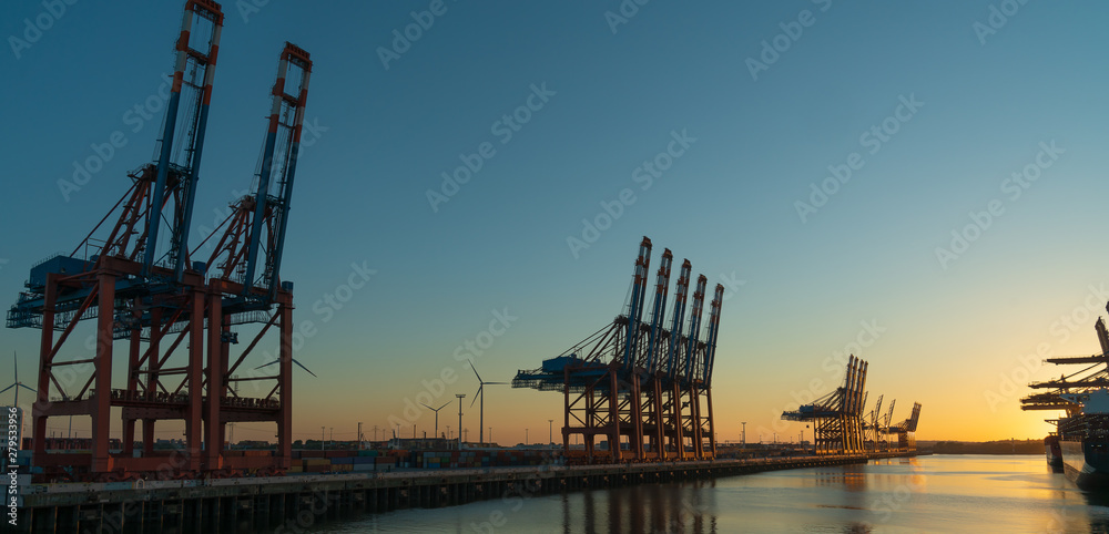 Obraz premium cranes in the hamburg harbour in the sunset