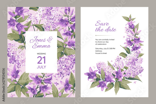 Wedding invitation card. Frame with text and flowers - purple Campanula and Lilac on light and white Background.