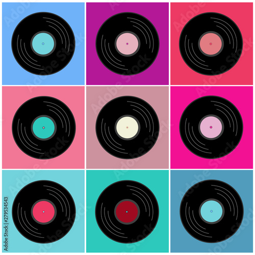 Vinyl records. Pattern retro music albums in pop art style. Vector collection illustration.