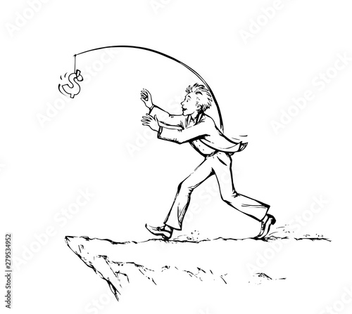 Man chasing money over a precipice. Vector drawing