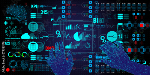 Business data analytics process management with businessman hands touching connected gear cogs with KPI financial charts and graph and automated marketing dashboard.