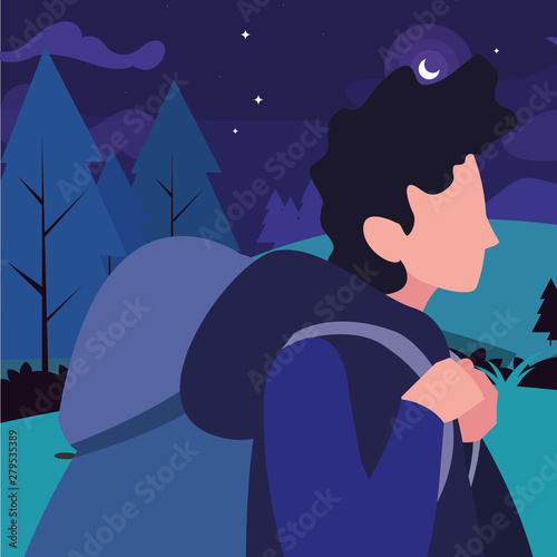 man tourist field hiking forest