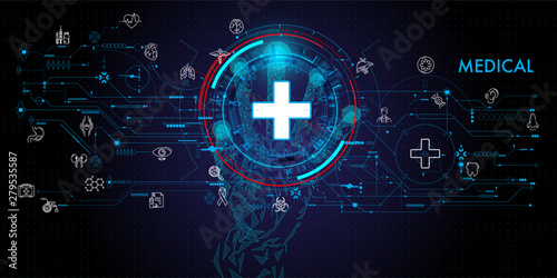 Low polygon Doctor hand with stethoscope and Ui icon medical in hospital with medical technology network concept.
