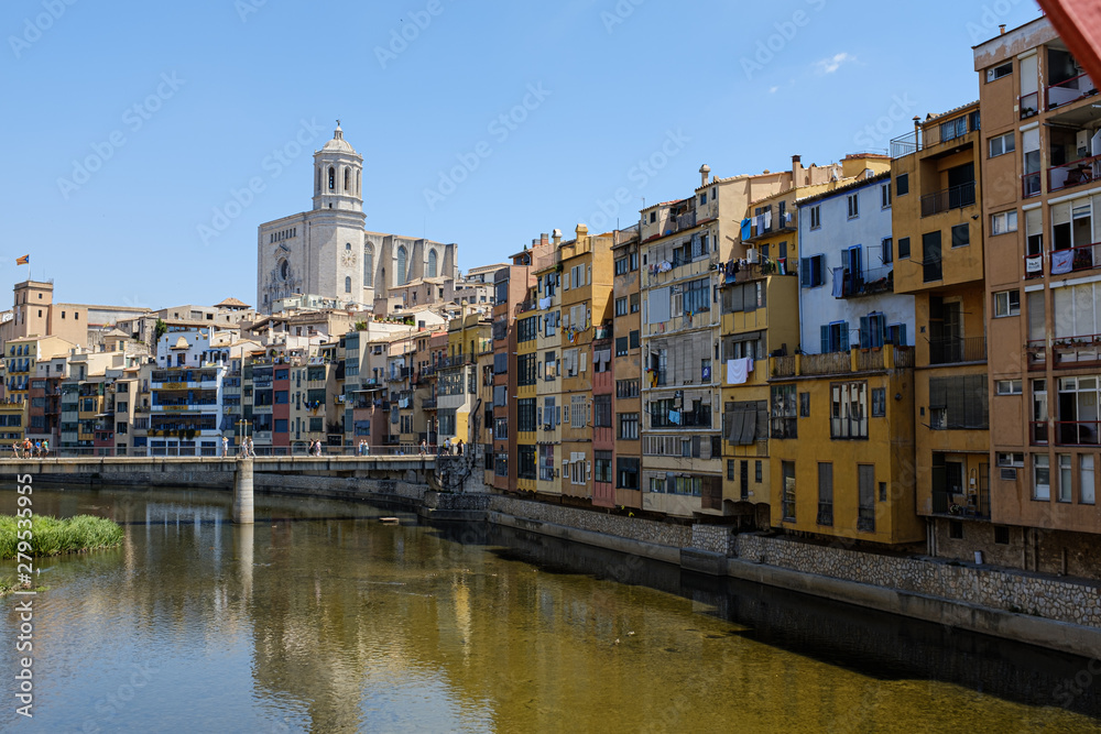Girona's typical skyline of the river houses and Cathedral Landmark
