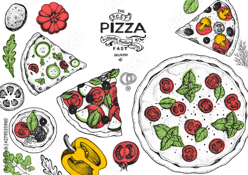 Italian pizza and ingredients top view frame. Italian food menu design template. Vintage hand drawn sketch, vector illustration. Engraved style illustration. Pizza label for menu.