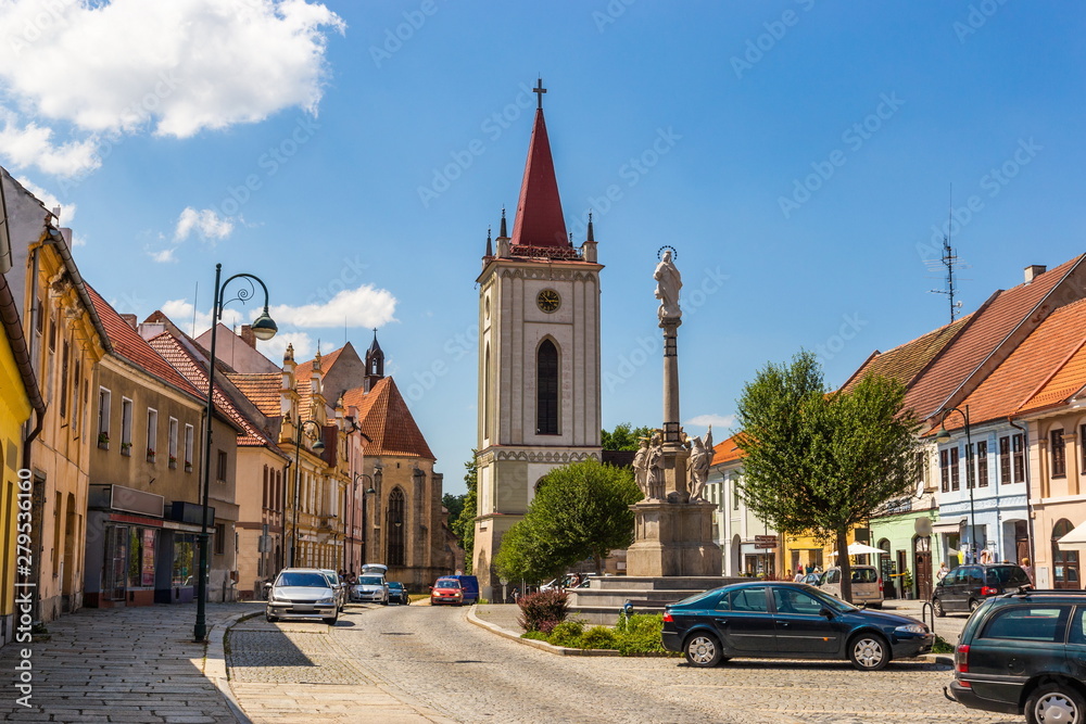 Obraz premium Blatna city. View of a old city square with church. Czech Republic.