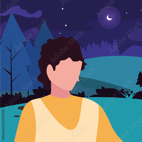 man tourist field hiking forest